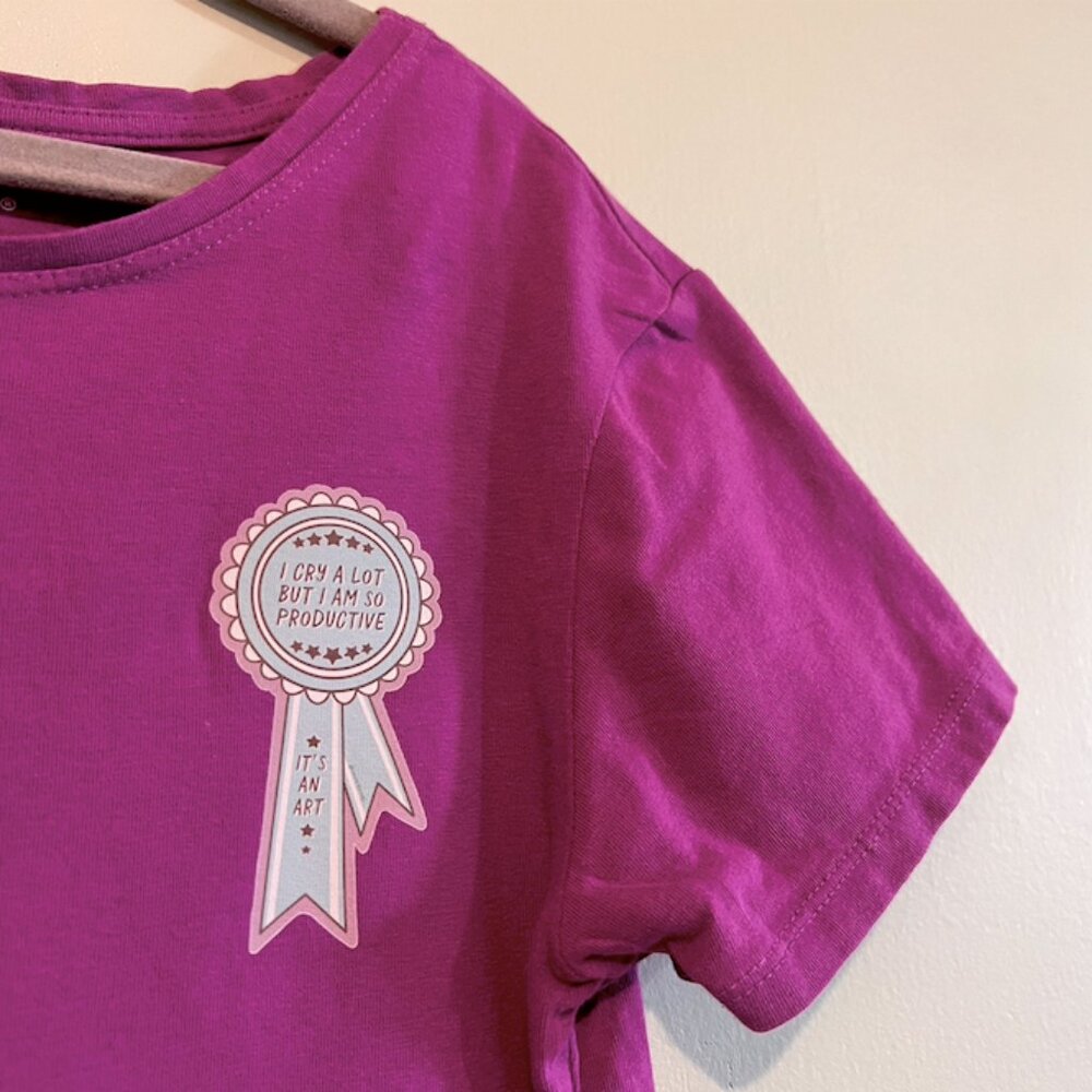 3 for $20 "i cry a lot but i am so productive" swiftie magenta t-shirt graphic